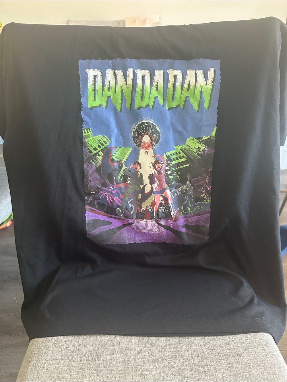 Uniqlo Black Kids Tee with Neon Green & Purple DAN DA DAN Graphic